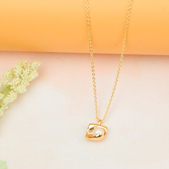 "Rose Gold Necklace with Modern Square Pendant and Pearl Accent, XPNL1885 - Picture 13 of 13